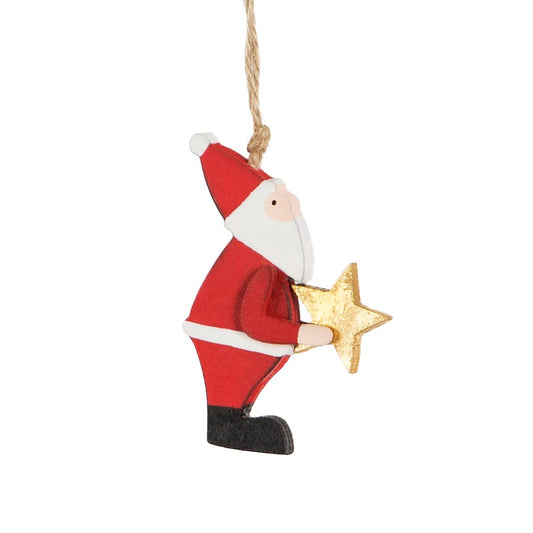 Santa Holding Gold Star Wooden Christmas Tree Decoration