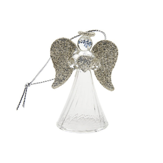 This cute clear glass angel holding a heart with silver glitter wings and halo will be the perfect finishing touch to your Christmas tree!