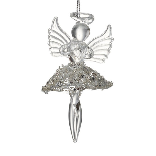 This is a beautiful clear glass angel with a glitzy skirt made out of beads and heart shapes hanging Christmas tree decoration.