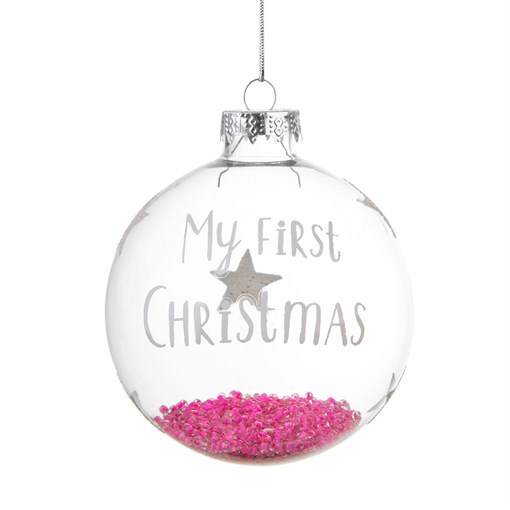 Clear glass sphere decoration with pink beads inside and 'My First Christmas' printed on the side.