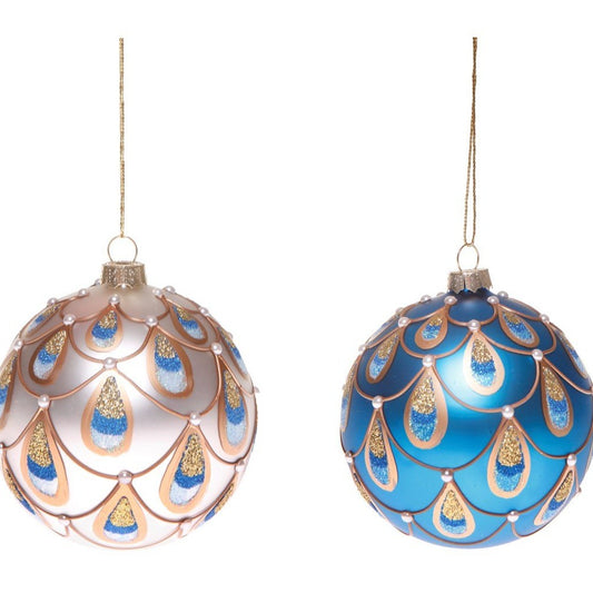 Regal gold and blue peacock feather baubles