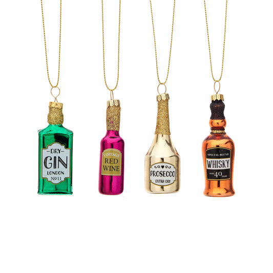 Fun selection of bottle shaped/themed decorations for your Christmas tree (gin, red wine, prosecco, whisky).