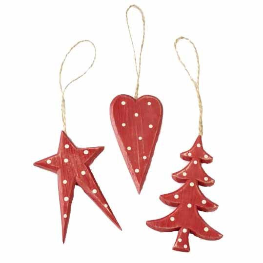 Beautiful red & white polka dot wooden Christmas tree decorations to bring a rustic vibe to your festivities.