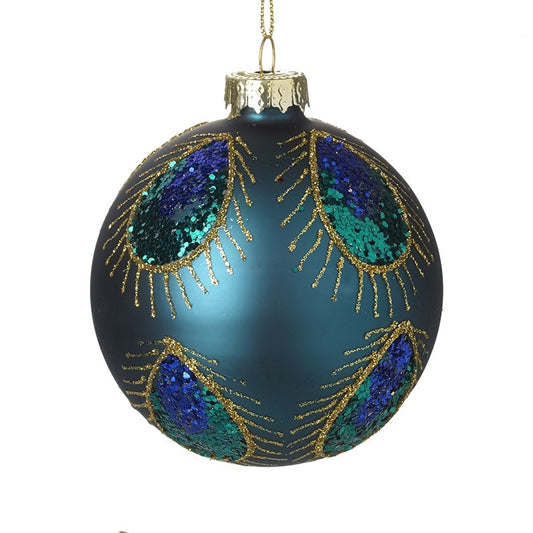 This gorgeous turquoise, blue and gold peacock feather patterned bauble with a touch of sparkle is truly glamorous, and will add more than just a touch of class to your Christmas tree!