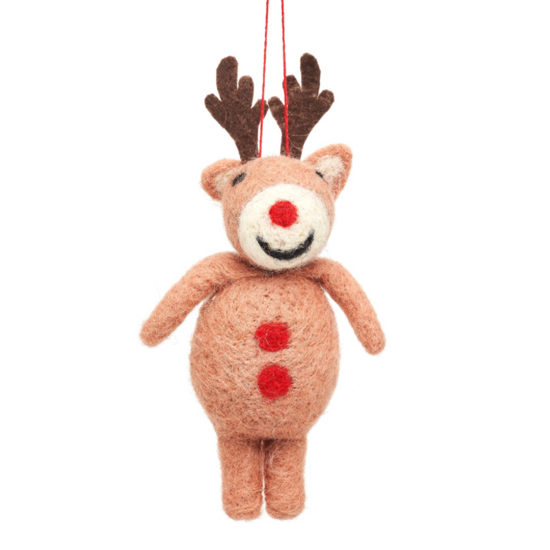 This is a super cute hanging Christmas tree decoration featuring Rudolph the Red Nosed Reindeer with a red nose and red buttons.