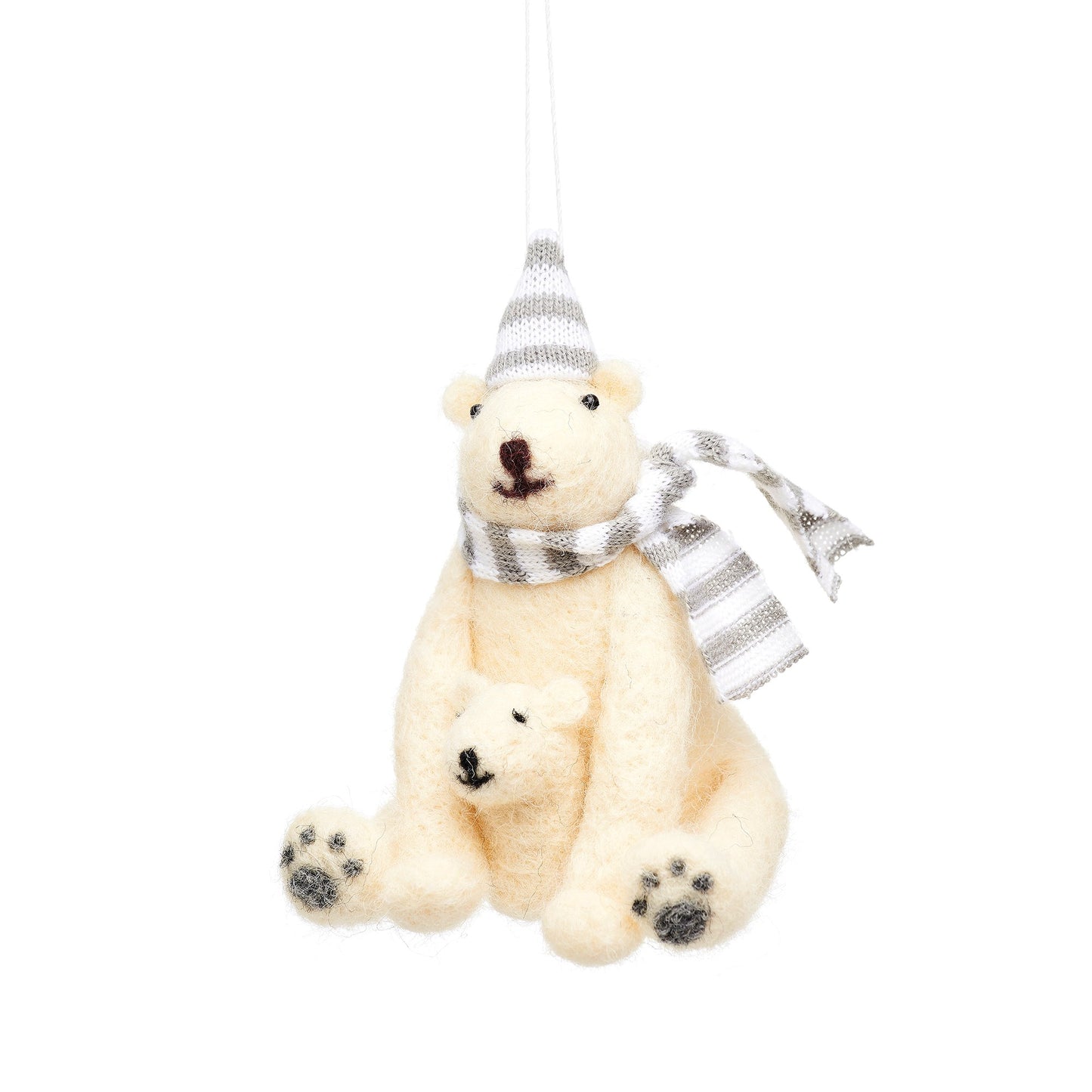 Hearts will melt with this ultra cute Polar Bear with Cub hanging Christmas tree decoration. Made from felt and featuring a striped knitted hat and scarf, this decoration really is something special.