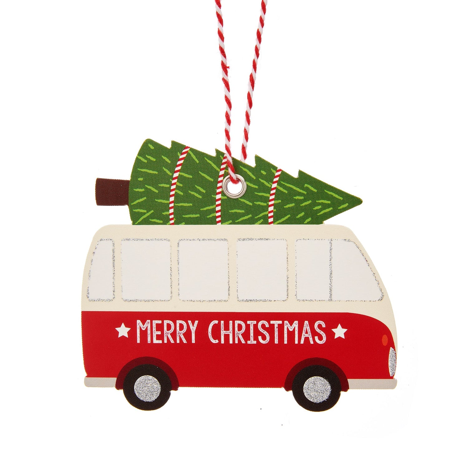 Retro camper van that says 'Merry Christmas' with a Christmas tree on the roof gift tags!