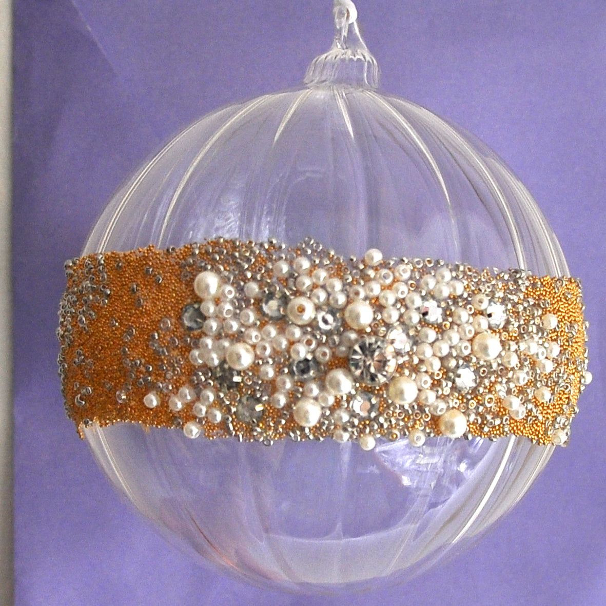 Clear Glass Gold Beaded Bauble Christmas Decoration