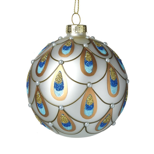 This absolutely stunning peacock painted bauble is glittery and glamorous, reminding us of Queen of Sheeba opulence.