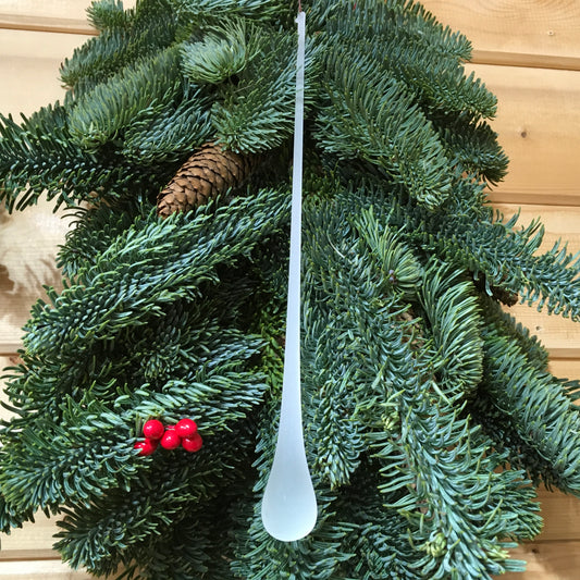 This frosted glass hanging drop is long and striking for the Christmas tree.