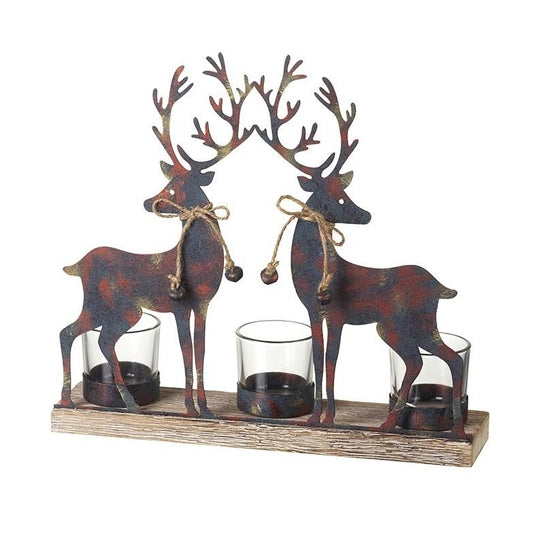 Beautifully crafted metal and wooden tealight candle holder featuring two reindeer with antlers.