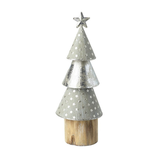 A lovely Christmas tree ornament made up of silver metal cones on top of a natural wooden log.
