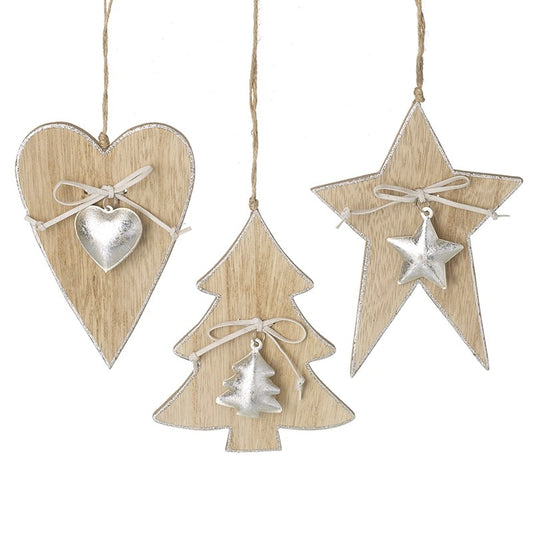 Set of 3 Wooden Heart Star & Tree Metallic Silver Christmas Tree Decorations
