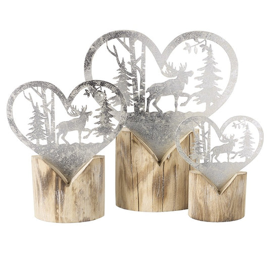 Set of 3 Wooden & Metal Stags in Forest Heart Shaped Christmas Ornaments