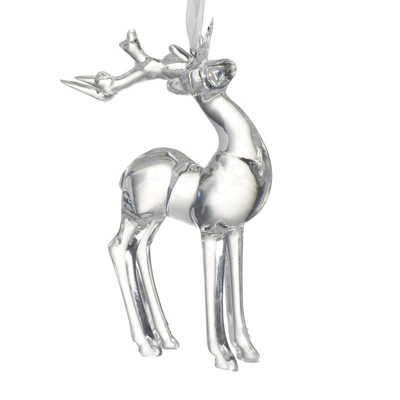 This beautiful reindeer hanging Christmas tree decoration is made from clear glass, and will reflect your lights creating a magical feel!