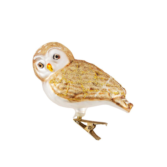 Hand-painted glass owl in bronze and white with gold glitter, to clip on to the branches of your Christmas Tree.