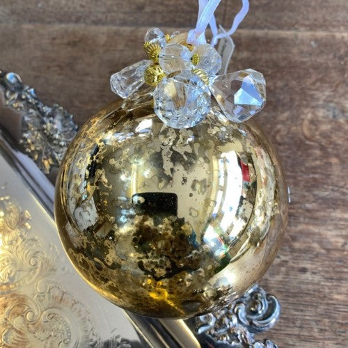 Antique Style Gold Shiny Glass Christmas Tree Bauble with Beaded Top (10cm)