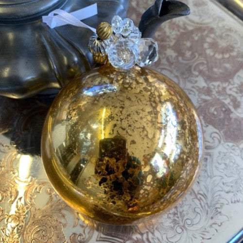 Antique Style Gold Shiny Glass Christmas Tree Bauble with Beaded Top (12cm)
