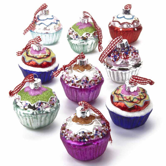 Set of 9 assorted cupcakes glass Christmas decorations covered with pretty sprinkles that will get you dreaming of all those wonderful desserts soon to come!