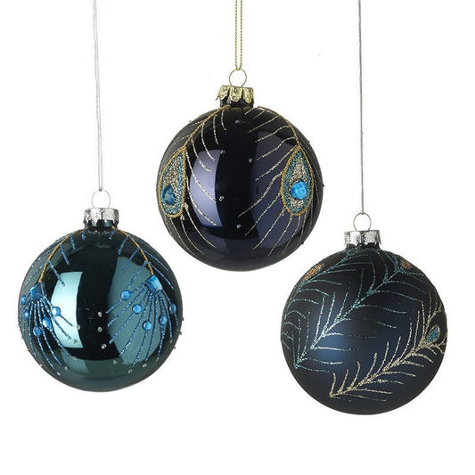 Blue & Gold Peacock Feather Glass Christmas Tree Bauble (Set of 3)