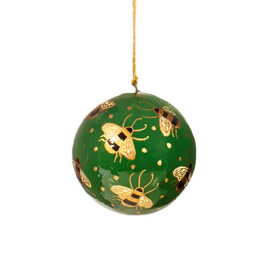 Green & Gold Bee Polka Dot Papier-mâché Christmas Tree Bauble