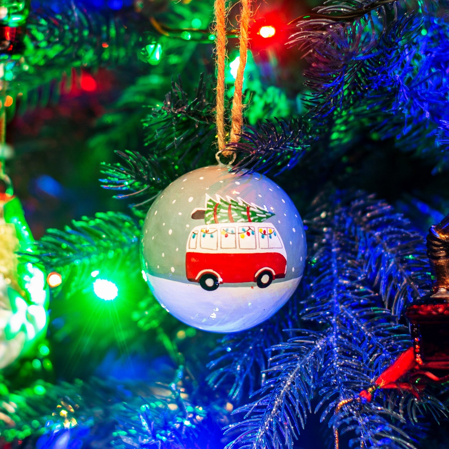 Festive Campervan Papier-mâché Christmas Tree Bauble