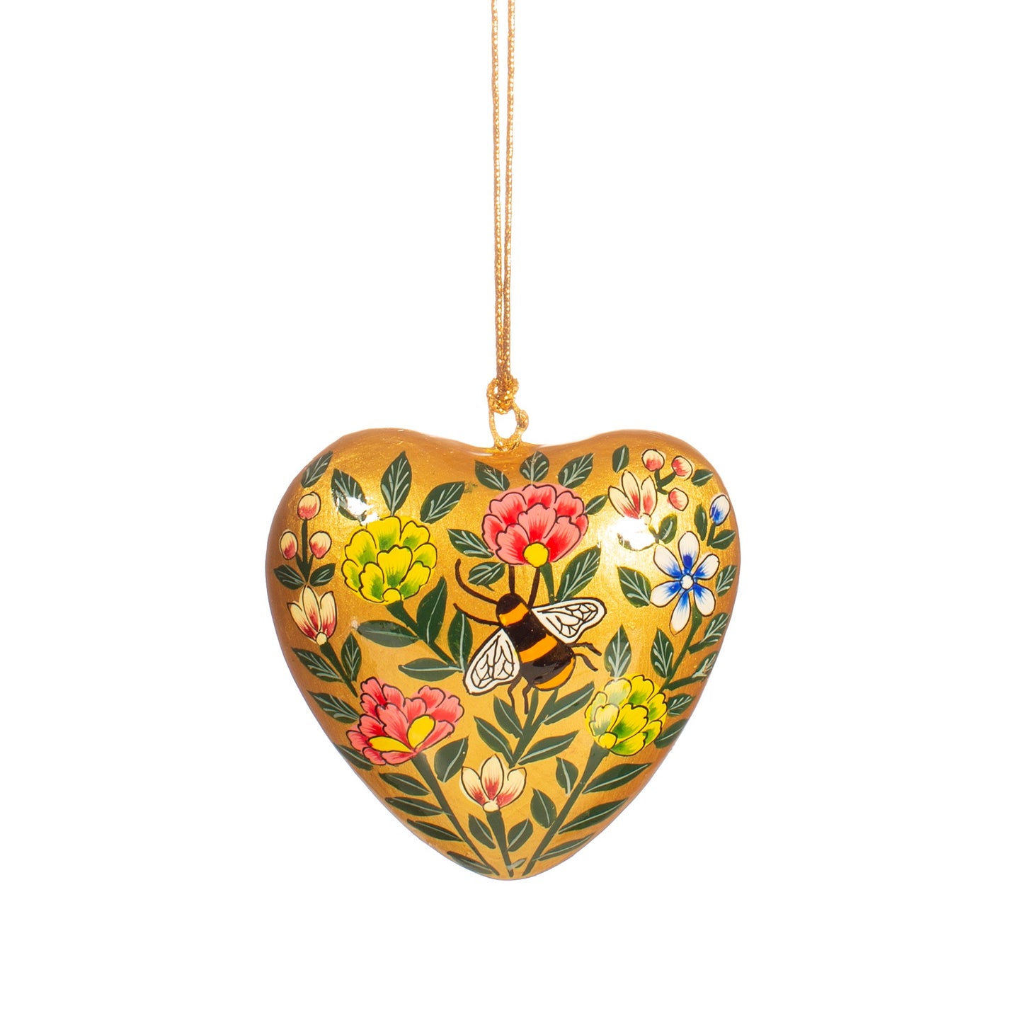 Gold Kashmiri Floral Bee Heart Shaped Papier-mâché Christmas Tree Decoration