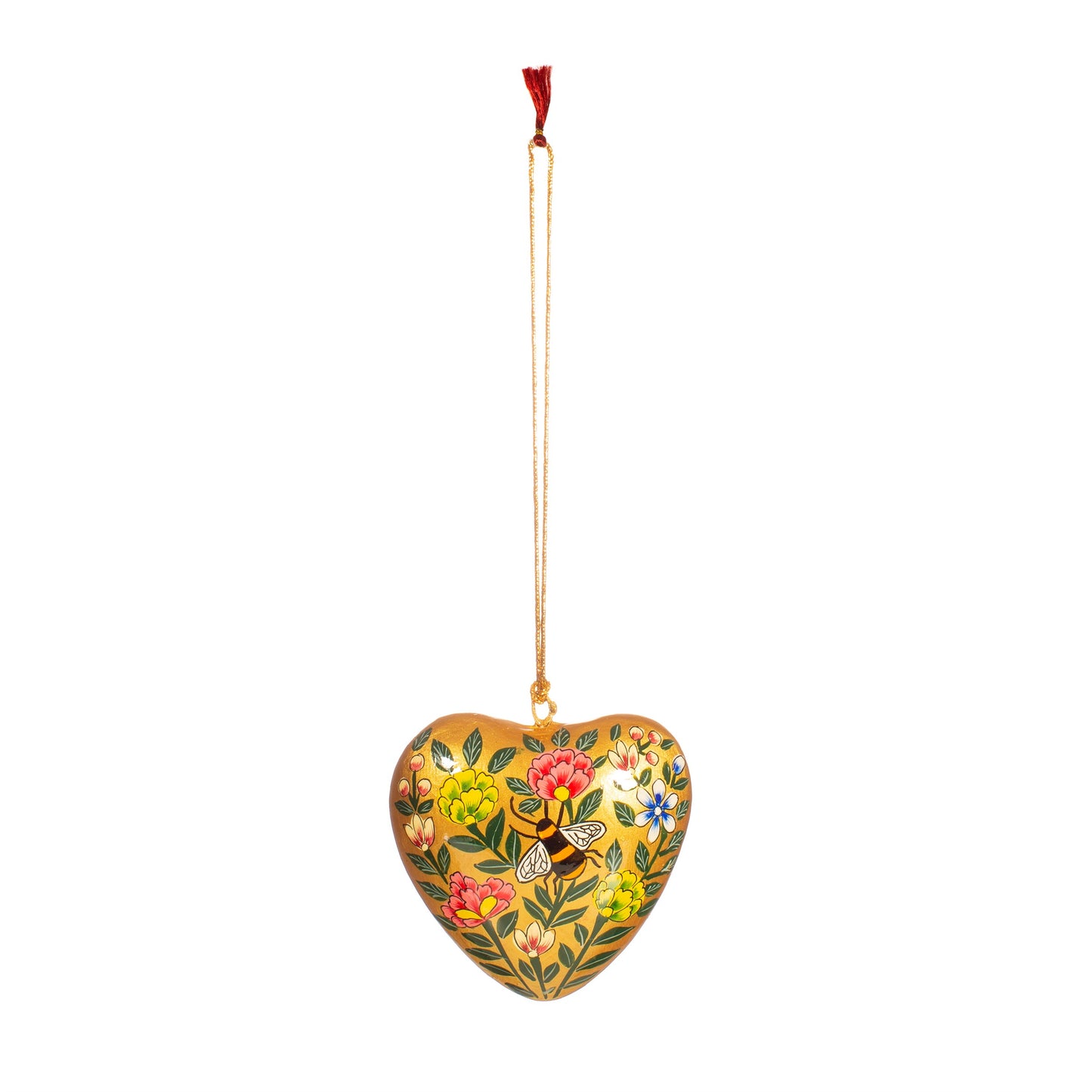 Gold Kashmiri Floral Bee Heart Shaped Papier-mâché Christmas Tree Decoration