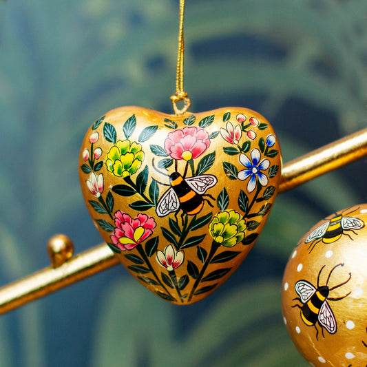 Gold Kashmiri Floral Bee Heart Shaped Papier-mâché Christmas Tree Decoration