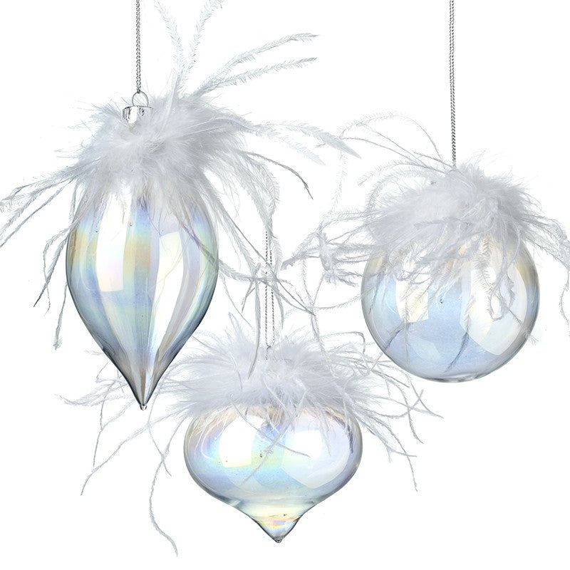 Gorgeous set of 3 clear glass Christmas tree decorations with white feathers to bring a touch of glamour to your tree.