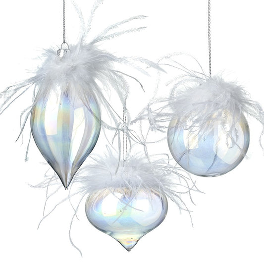 Gorgeous set of 3 clear glass Christmas tree decorations with white feathers to bring a touch of glamour to your tree.