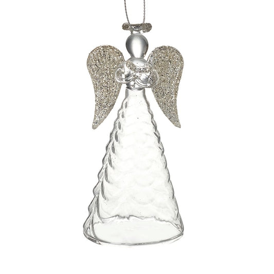 This stunning clear glass angel with silver glitter wings and halo will be the perfect finishing touch to your Christmas tree!