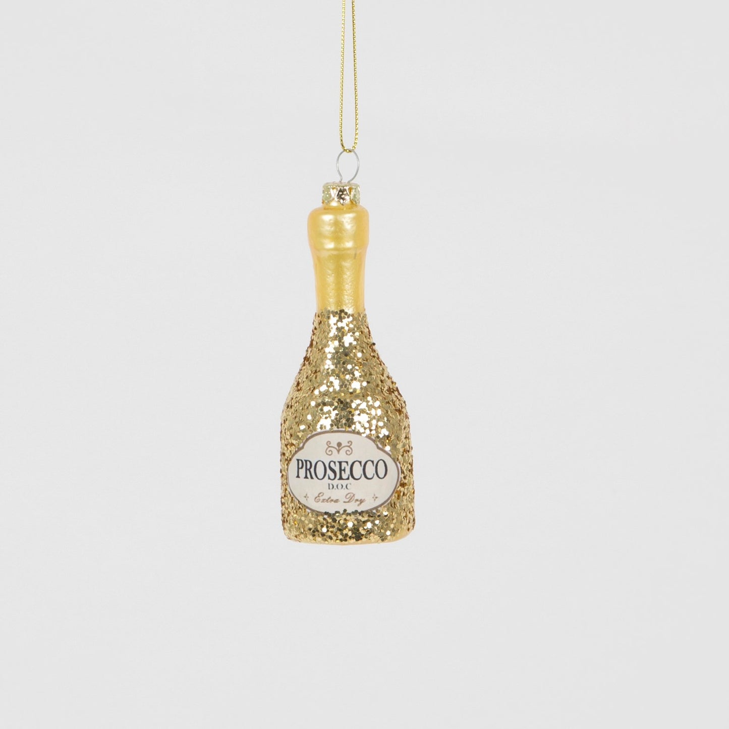 Lets Celebrate glass and gold glittery prosecco bottle decoration for your Christmas tree.