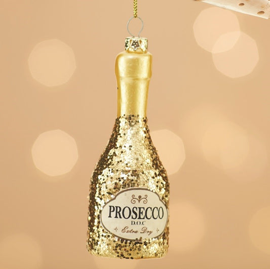 Lets Celebrate glass and gold glittery prosecco bottle decoration for your Christmas tree.