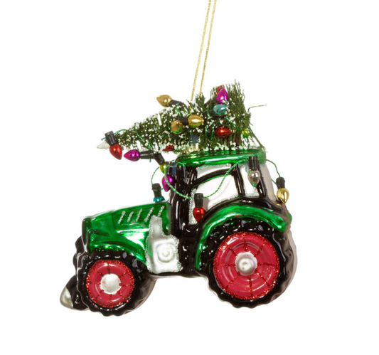 A bright and colourful green tractor with a Christmas Tree and lights, glass Christmas decoration. Fun, festive gift for any tractor enthusiasts!