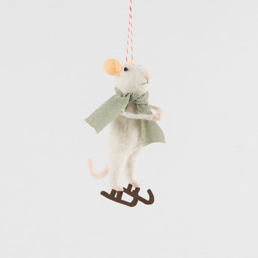 Ice Skating Felt Mouse Wearing Green Scarf Christmas Tree Decoration