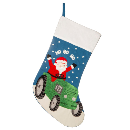 Santa Claus on Green Tractor Embroidered Christmas Stocking