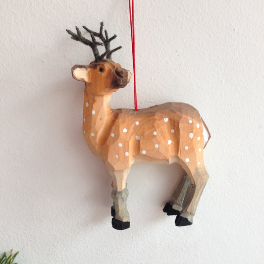 Wooden woodland deer brown with white polkadots and antlers hanging christmas tree decoration.