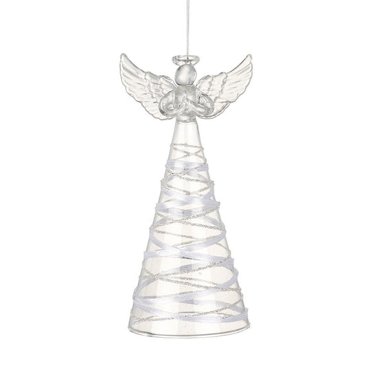 This stunning clear glass angel with silver glitter detailing will be the perfect finishing touch to your Christmas tree!