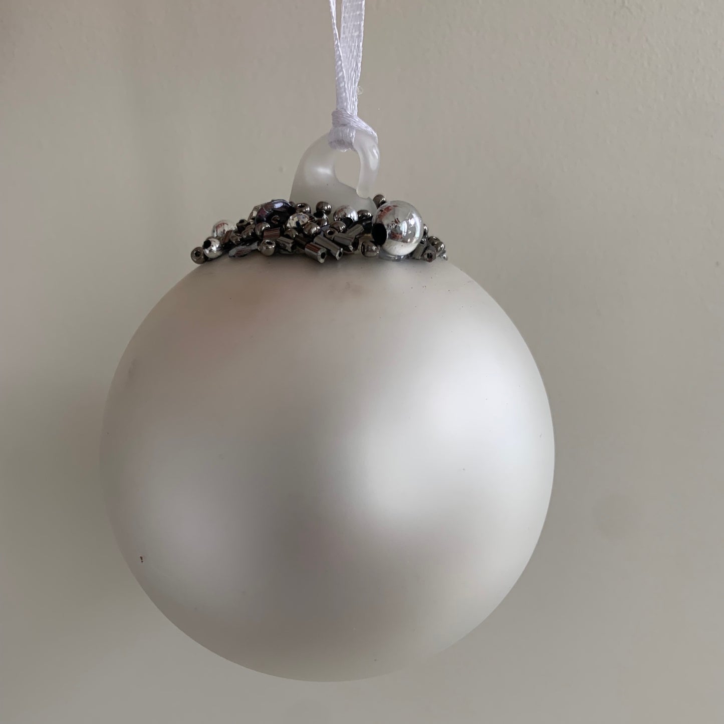 Matt Silver Bauble Glass Christmas Tree Decoration with Beading (6cm)