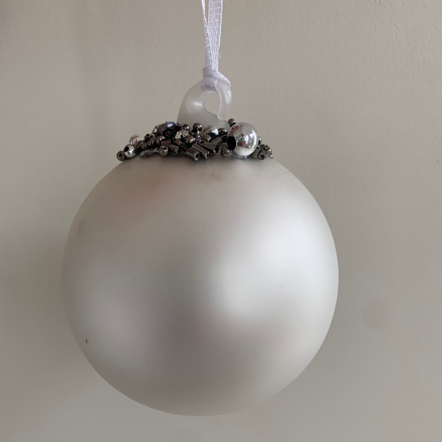 Matt Silver Bauble Glass Christmas Tree Decoration with Beading (8cm)