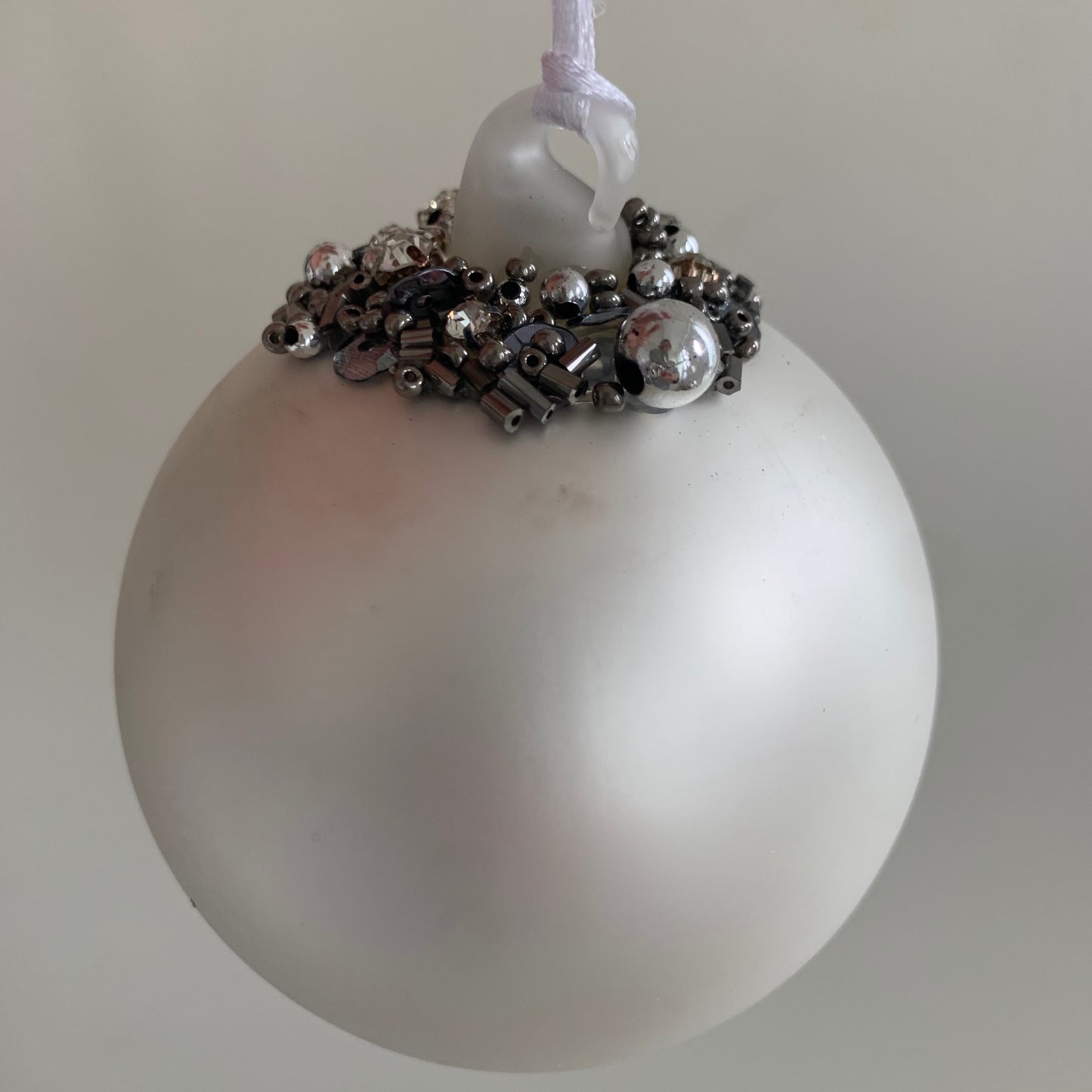 Matt Silver Bauble Glass Christmas Tree Decoration with Beading (8cm)