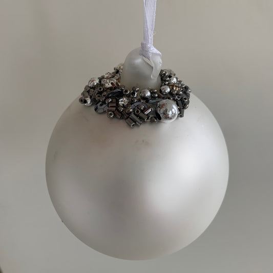 Matt Silver Bauble Glass Christmas Tree Decoration with Beading (8cm)