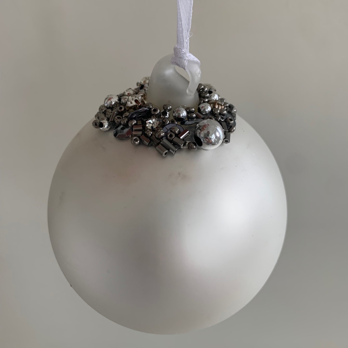 Matt Silver Bauble Glass Christmas Tree Decoration with Beading (6cm)