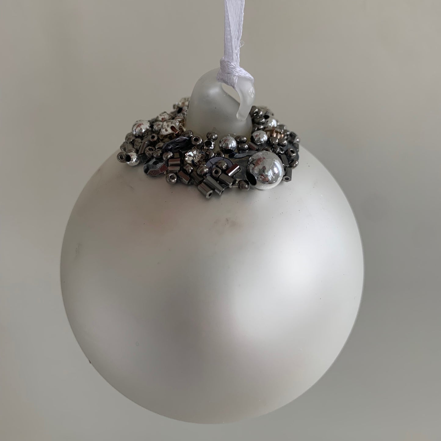 Matt Silver Bauble Glass Christmas Tree Decoration with Beading (8cm)