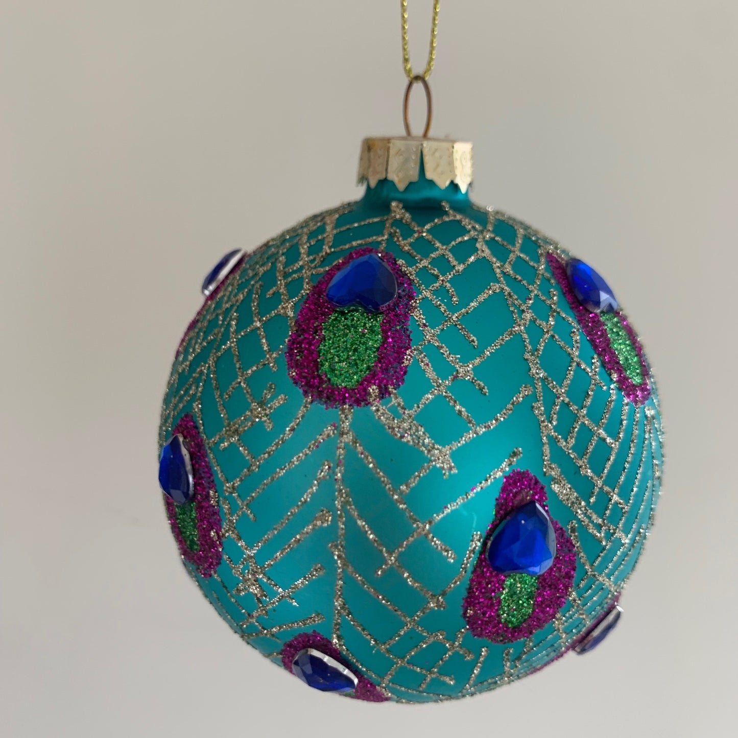 Turquoise & Purple Peacock Feather Glass Christmas Tree Bauble