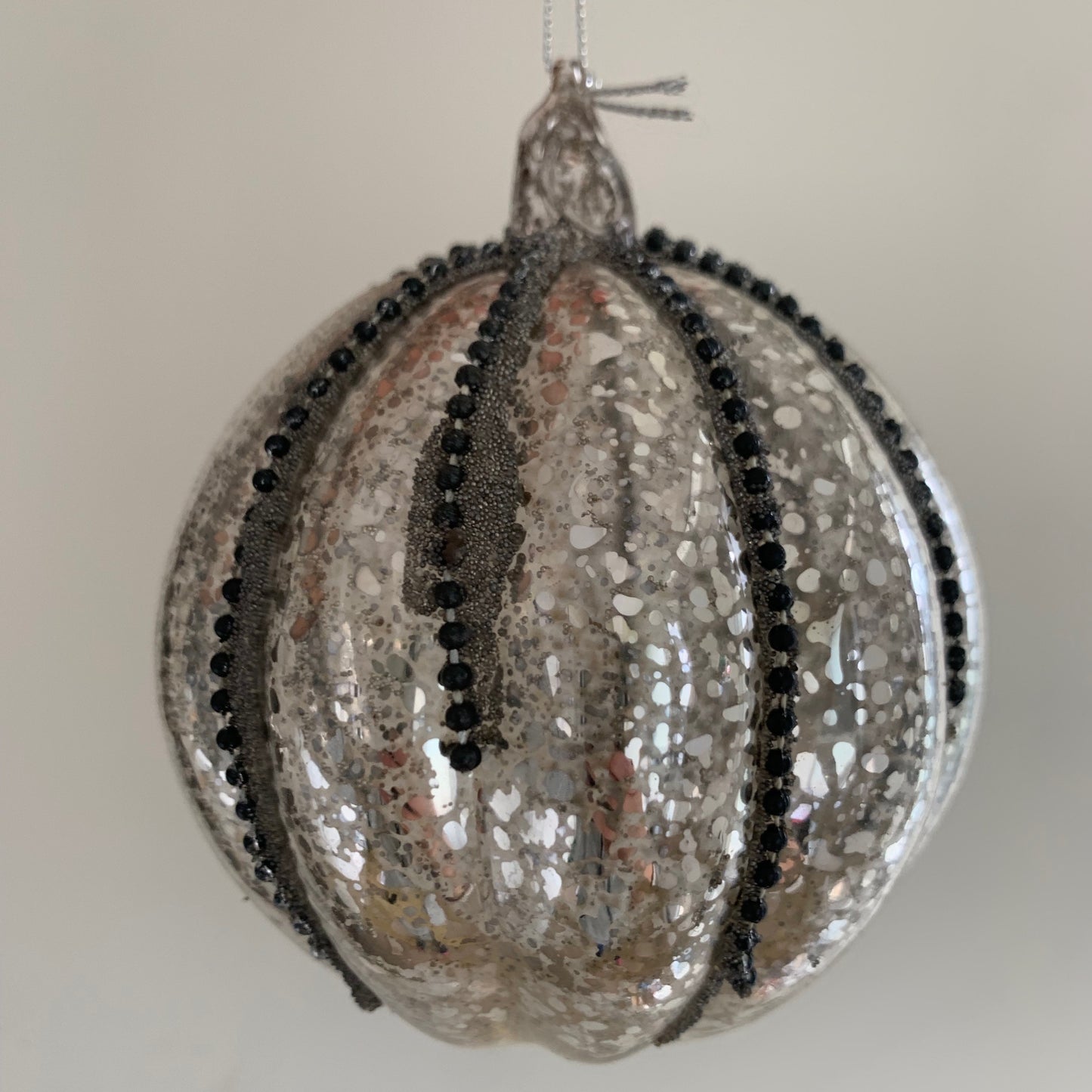 Antique Style Silver Glass Bauble with Beads Christmas Tree Decoration (10cm)