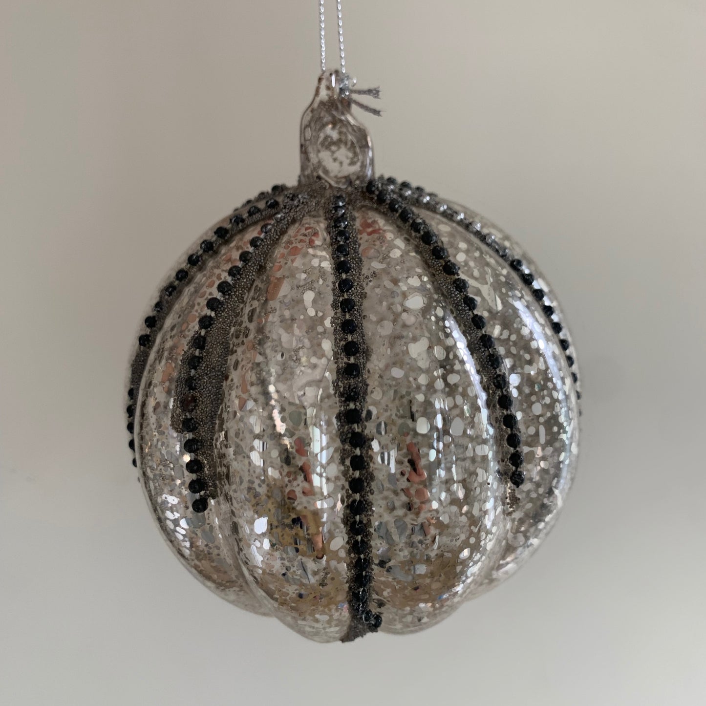 Antique Style Silver Glass Bauble with Beads Christmas Tree Decoration (10cm)