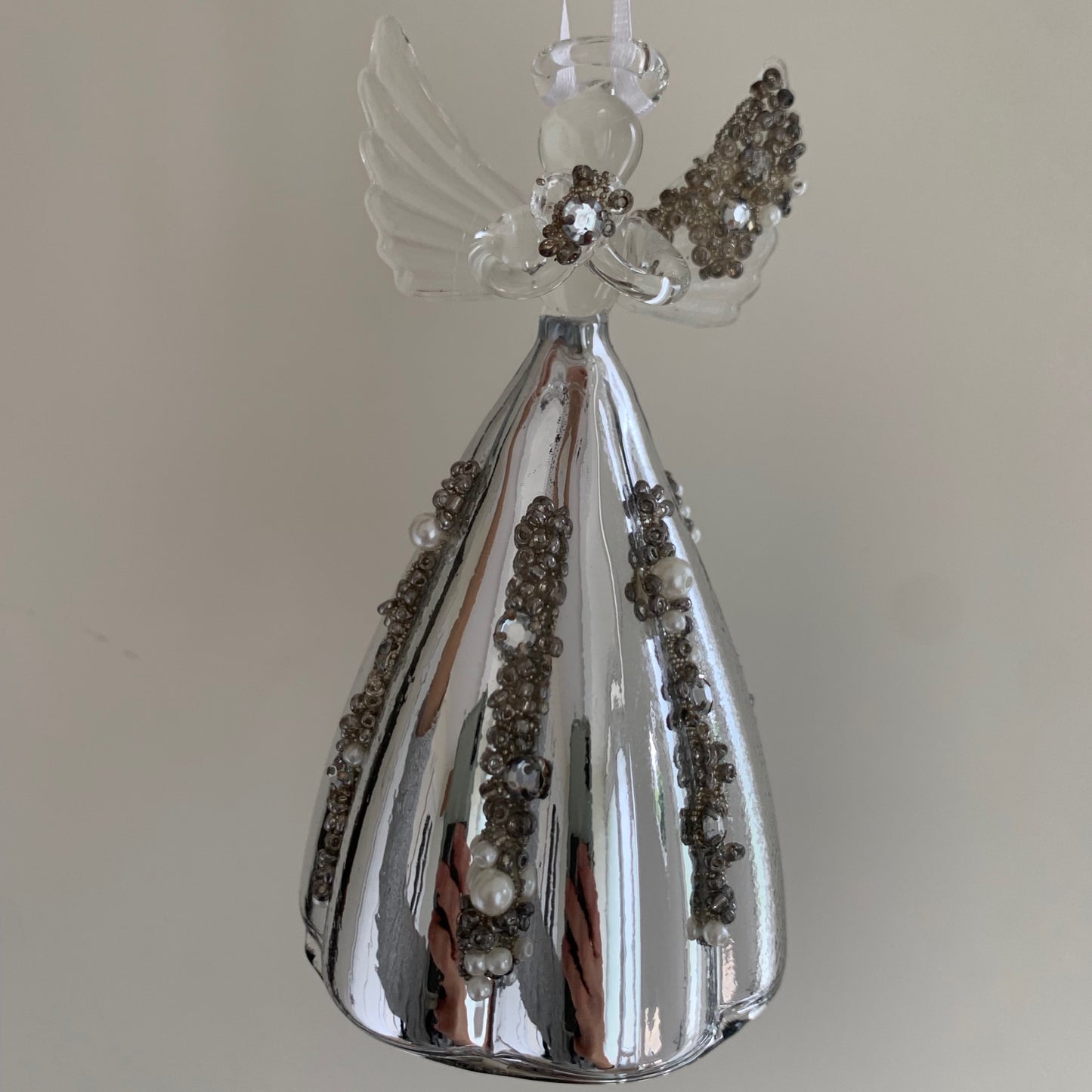 Clear Glass Angel with Silver Beading Tree Topper Hanging Christmas Decoration (12cm)