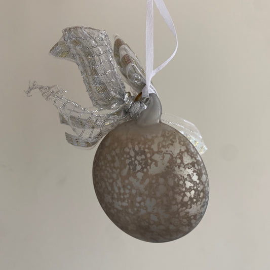 Antiqued Matt Grey Flattened Sphere Glass Christmas Tree Decoration with Bow (6cm)